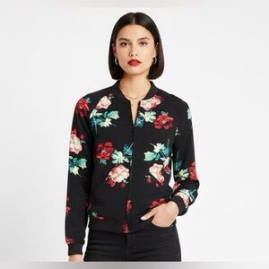 Reitmans | Floral Rose Pattern Black Bomber Jacket with Pockets